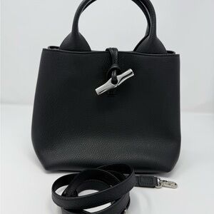Longchamp Le Roseau Small Black Handbag Crossbody Bag Silver Hardware